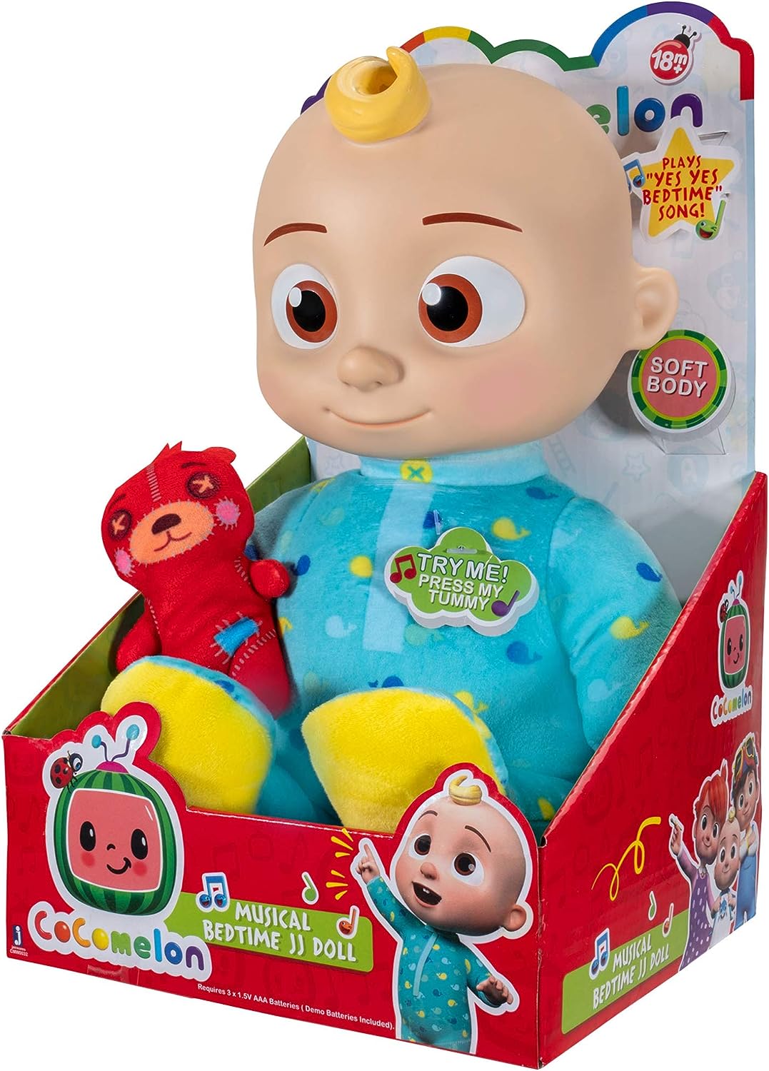 CoComelon Official Musical Bedtime JJ Doll | Soft Plush Body | Press Tummy and JJ Sings Clips from ‘Yes, Yes | Bedtime Song | Includes Feature Plush and Small Pillow Plush Teddy Bear | Multi