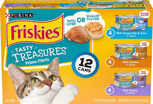 Purina Friskies Gravy Wet Cat Food Variety Pack | Tasty Treasures Prime Filets | 5.5 oz | Pack of 12