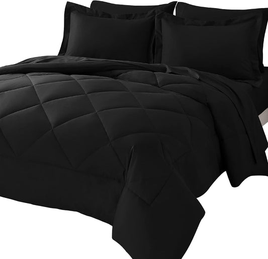 CozyLux King Comforter Set with Sheets 7 Pieces Bed in a Bag Black | With Comforter | Pillow Shams | Flat Sheet | Fitted Sheet and Pillowcases