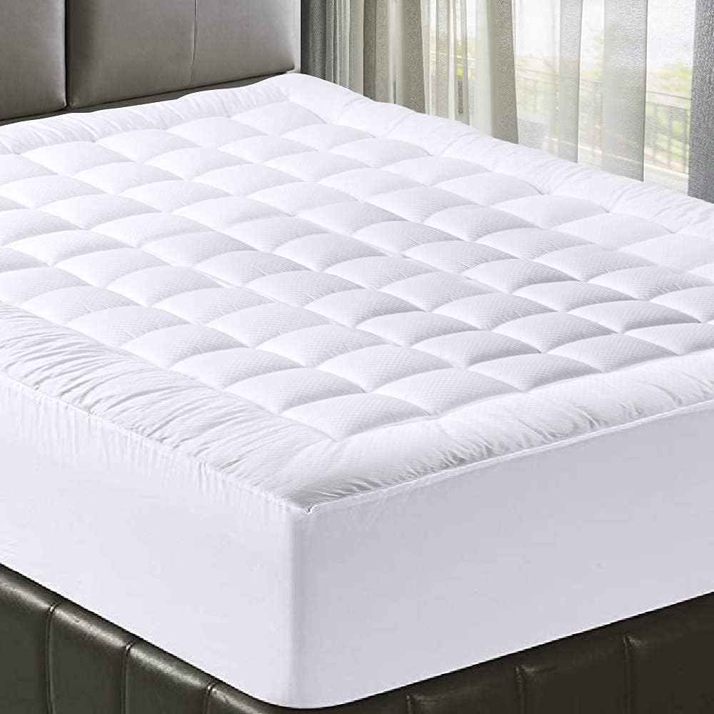 Bedding Quilted Fitted Mattress Pad Cooling Breathable Fluffy Soft Stretches up to 21 Inch Deep | Queen Size | White | Mattress Topper | Protector