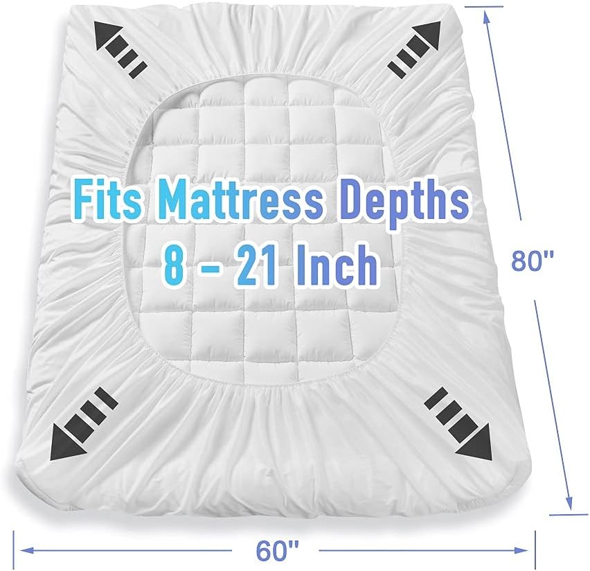 Bedding Quilted Fitted Mattress Pad Cooling Breathable Fluffy Soft Stretches up to 21 Inch Deep | Queen Size | White | Mattress Topper | Protector