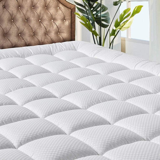 Bedding Quilted Fitted Mattress Pad Cooling Breathable Fluffy Soft Stretches up to 21 Inch Deep | Queen Size | White | Mattress Topper | Protector