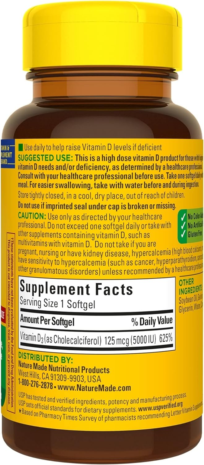 Nature Made Extra Strength Vitamin D3 5000 IU (125 mcg) | Dietary Supplement for Bone | Teeth | Muscle and Immune Health Support | 180 Softgels | 180 Day Supply