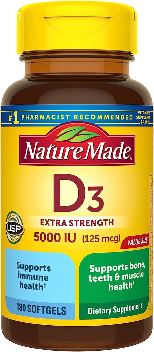 Nature Made Extra Strength Vitamin D3 5000 IU (125 mcg) | Dietary Supplement for Bone | Teeth | Muscle and Immune Health Support | 180 Softgels | 180 Day Supply