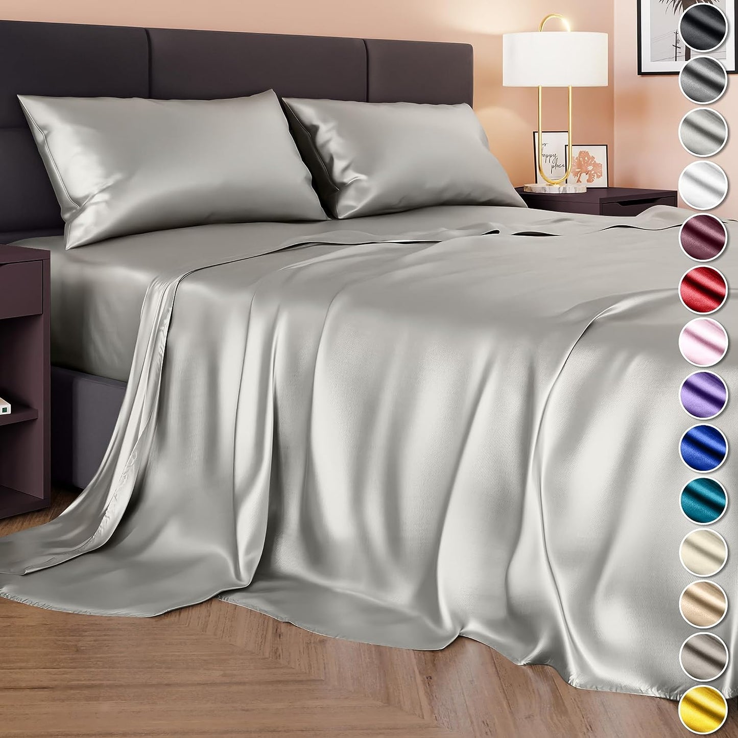 Satin Sheets Queen Size 4 Pcs Set | Silky & Luxuriously Soft Satin Bedding w/ 15 inch Deep Pocket | Hypoallergenic | Double Stitching | Wrinkle Free | Elegant Queen Satin Bed Sheets (Grey)